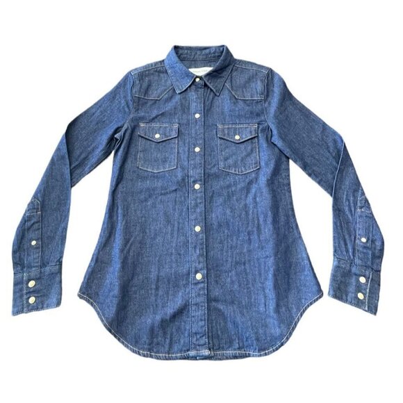 Aritzia Denim Forum Shirt Sz XXS Blue Denim Button Down Preppy Southwestern - Picture 1 of 5